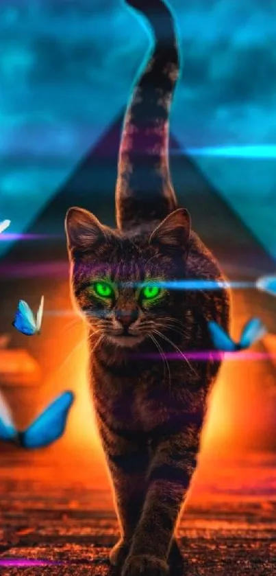 Cat with glowing green eyes surrounded by blue butterflies in a mystical setting.