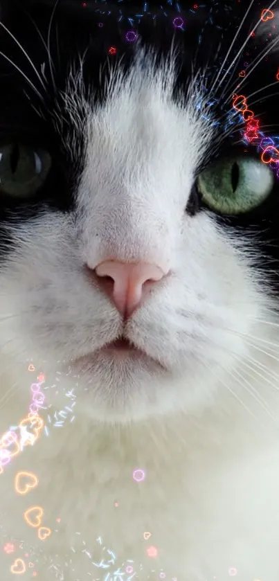 Cat with green eyes and heart bokeh effect.