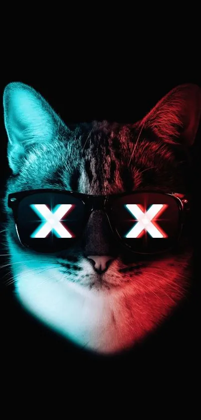 Cat with glowing neon glasses on dark background.