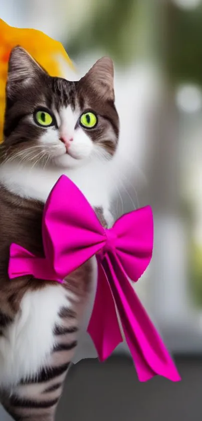 Cat wearing a vibrant pink bow with a blurred background.