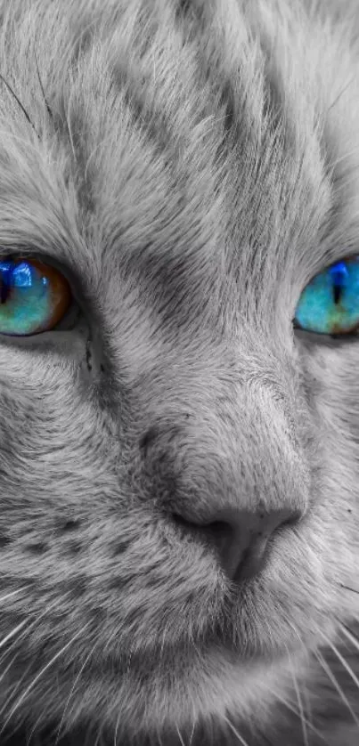 Close-up of a cat with striking blue eyes in a monochrome theme.