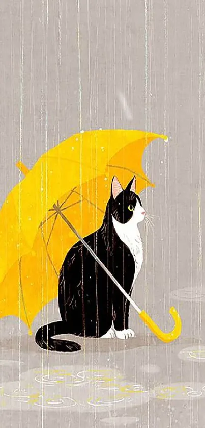 Black and white cat under yellow umbrella in the rain.