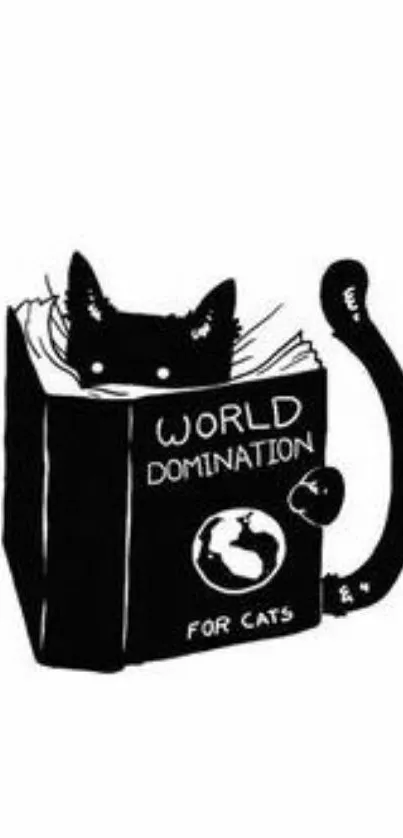 Black cat with book titled 'World Domination for Cats' on white background.