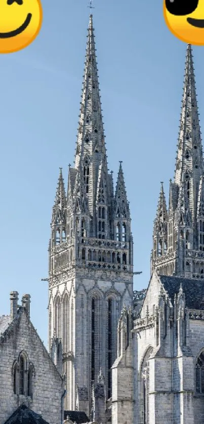 Cathedral with emojis wallpaper featuring spires and a blue sky background.