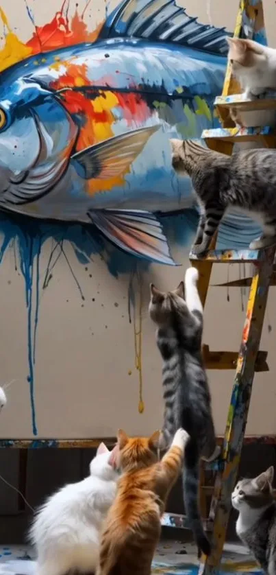 Cats exploring a colorful fish mural on a ladder.
