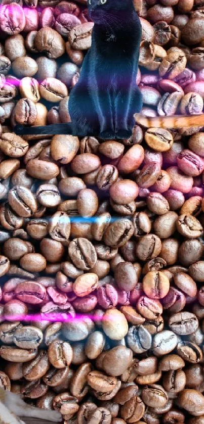 Cats sitting among coffee beans in a unique mobile wallpaper.