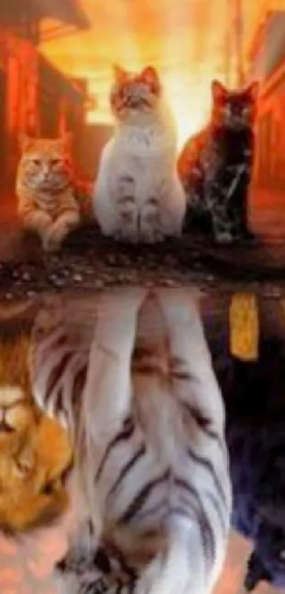 Cats and big cats reflection at sunset