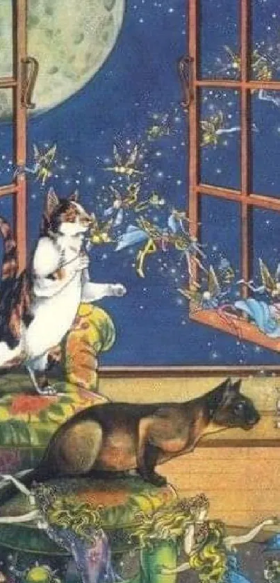 Cats and fairies under a moonlit sky, with an open window and magical atmosphere.