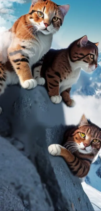 Cats climbing a snowy mountain against a blue sky.