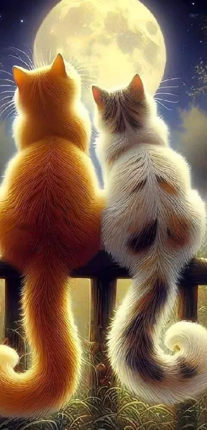 Two cats sitting on a fence gazing at a full moon.