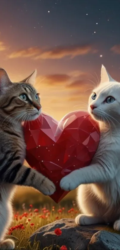 Two cats holding a heart at sunset.