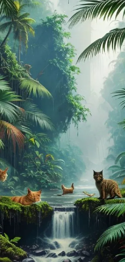 Cats lounge in a lush jungle with cascading waterfalls.