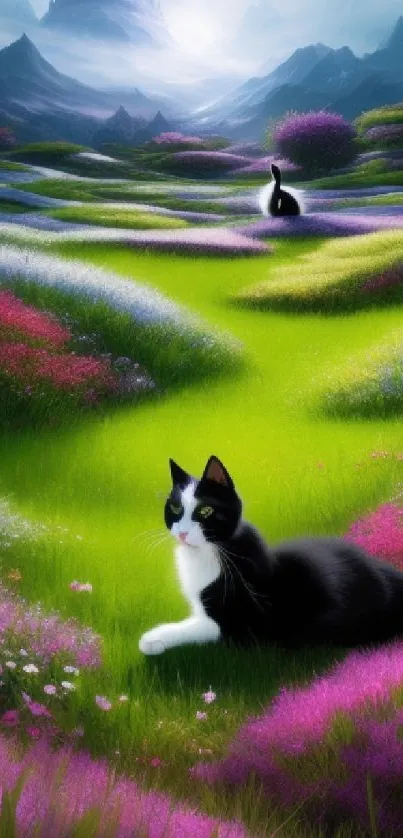 Cats lounging in a vibrant, colorful meadow with a mystical background.