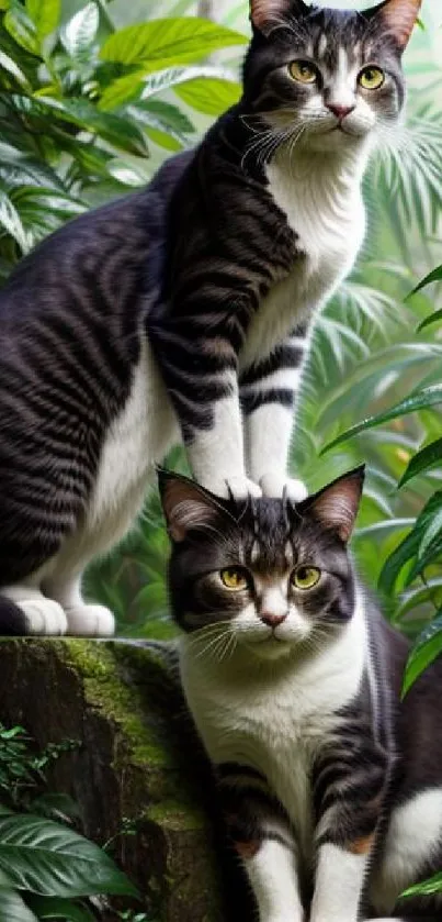 Two cats in lush green surroundings with vibrant leaves.