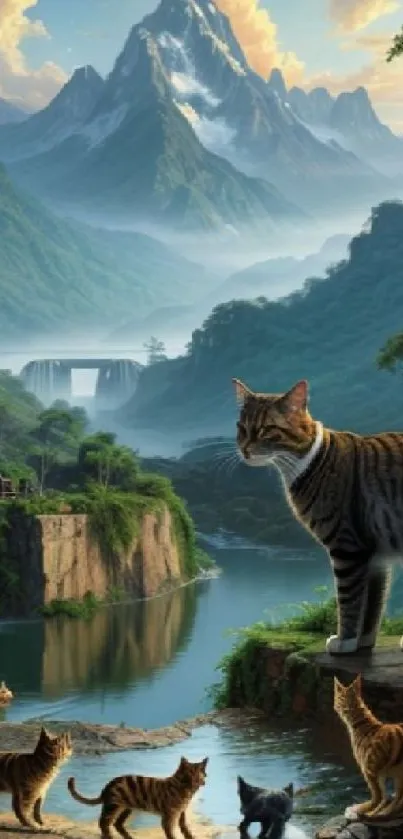 Cats in a mystical mountain and waterfall setting.