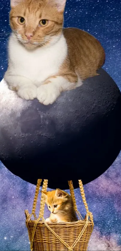 Whimsical art of cats resting on the moon in a galaxy background.