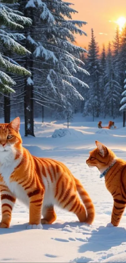 Two orange cats in a snowy forest during sunset.