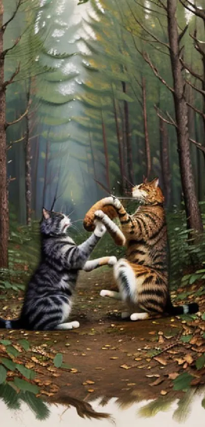 Two cats playing in a lush green forest path.