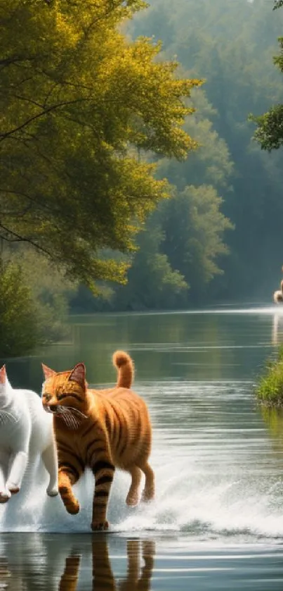 Two cats running over water with forest backdrop.