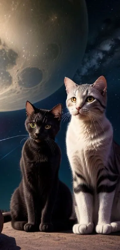 Two cats sit under a moonlit starry sky.