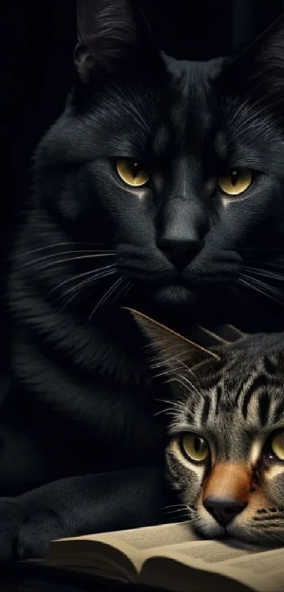 Two cats resting with a book, dark background.