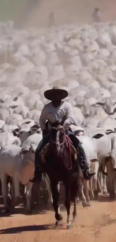 Cowboy leading cattle herd through dusty terrain.