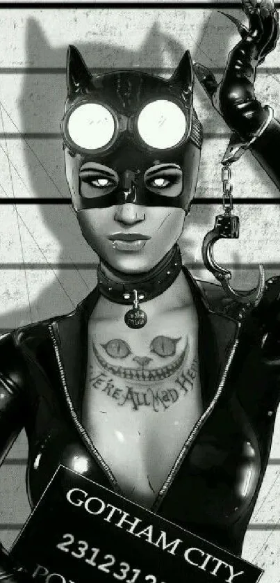 Catwoman mugshot in Gotham City for mobile wallpaper.