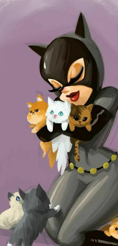 Catwoman cartoon with kittens on purple background.