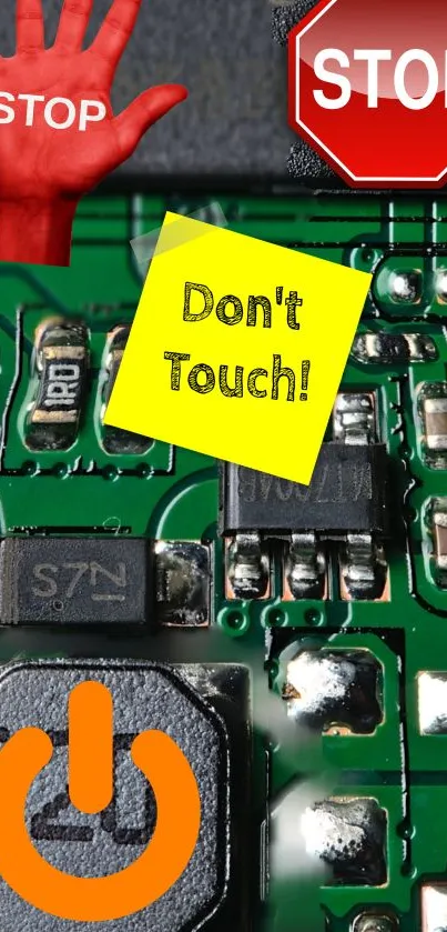 Circuit board wallpaper with warning signs.