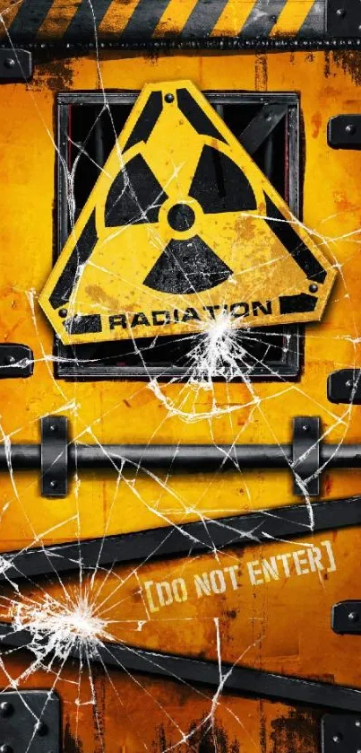 Radiation warning sign on industrial door wallpaper.