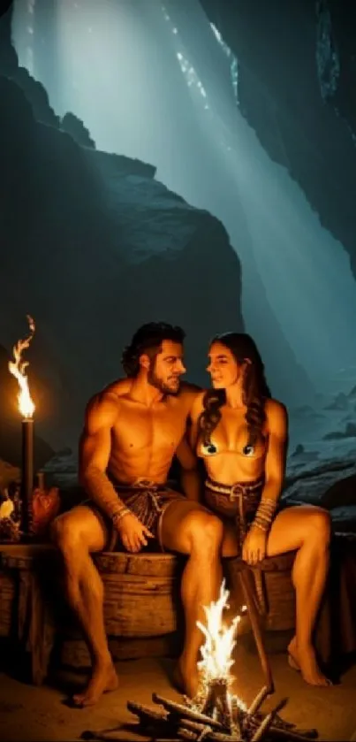 Couple sitting by campfire inside a cave.