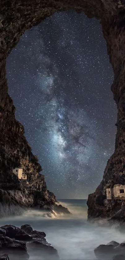 Cave view opening to a galaxy-filled night sky.