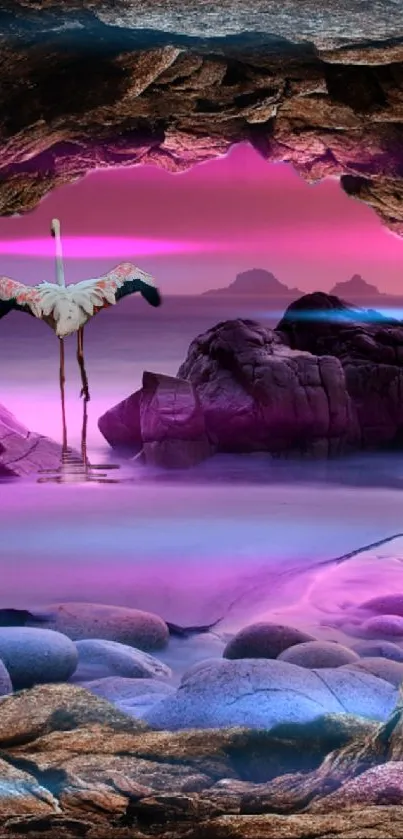 Flamingo in cave view with a purple sunset background.