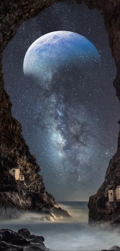 Starry night sky framed by a cave opening over the ocean.