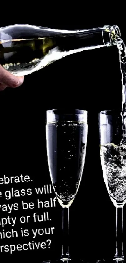 Champagne being poured into two glasses against black backdrop with text.