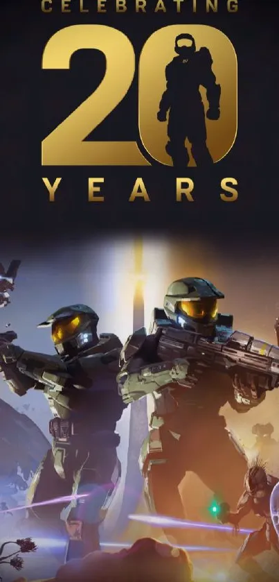 Heroic 20th anniversary sci-fi action wallpaper.