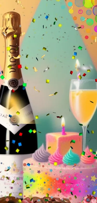 Colorful celebration wallpaper with cake and champagne.