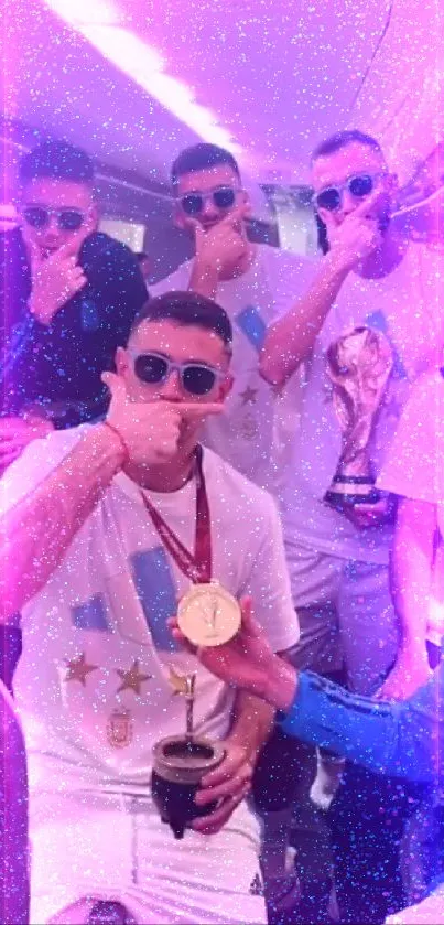 Team celebrating victory with trophies on a plane.