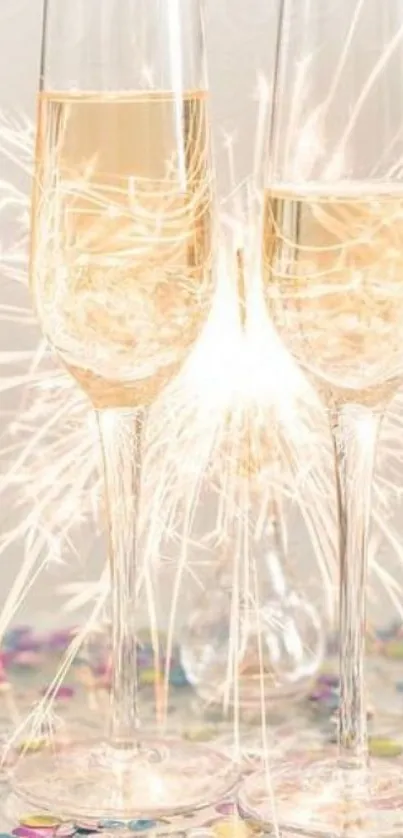 Champagne flutes with sparklers and confetti on festive wallpaper.