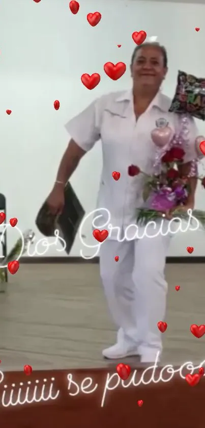 Person in white holding flowers and hearts around.