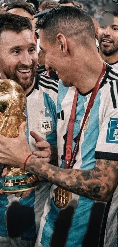 Football players celebrating with World Cup trophy.