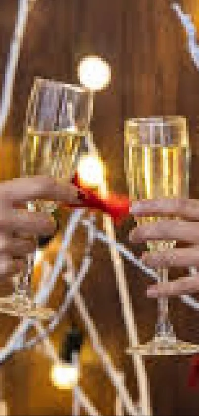 Champagne glasses clinking with festive bokeh lights in the background.