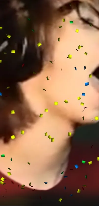 Ecstatic person with confetti shower on mobile wallpaper.