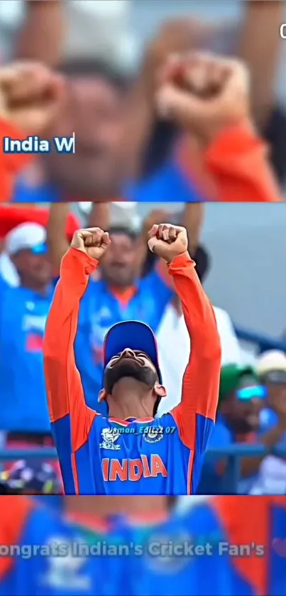 Cricket player celebrating victory with raised fists.