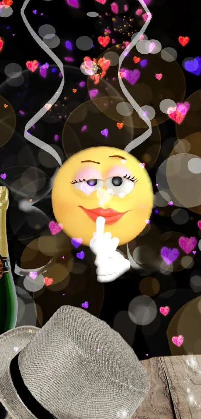 Festive emoji wallpaper with champagne and colorful hearts.