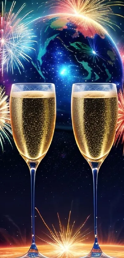 Fireworks and champagne glasses with Earth in the background.