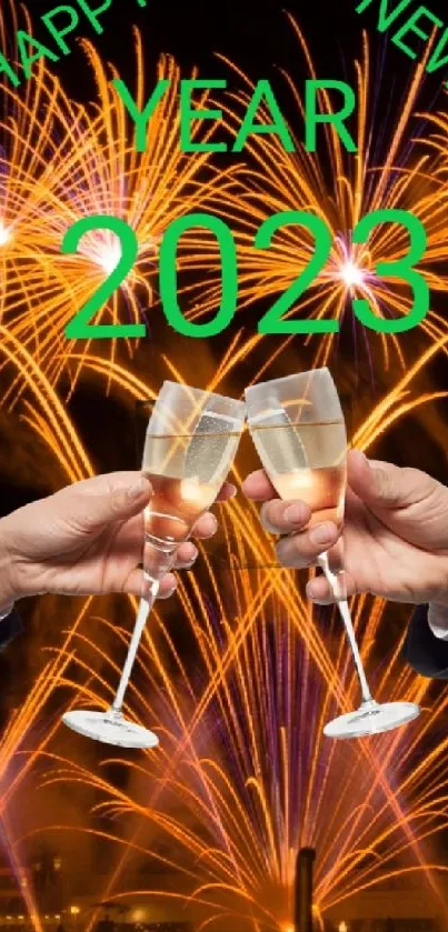 New Year 2023 mobile wallpaper with fireworks and champagne.