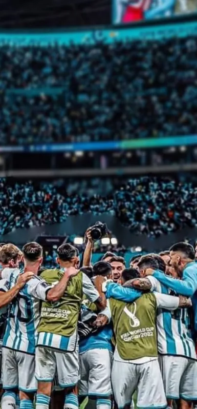 Soccer team celebrates victory in a bustling stadium setting.