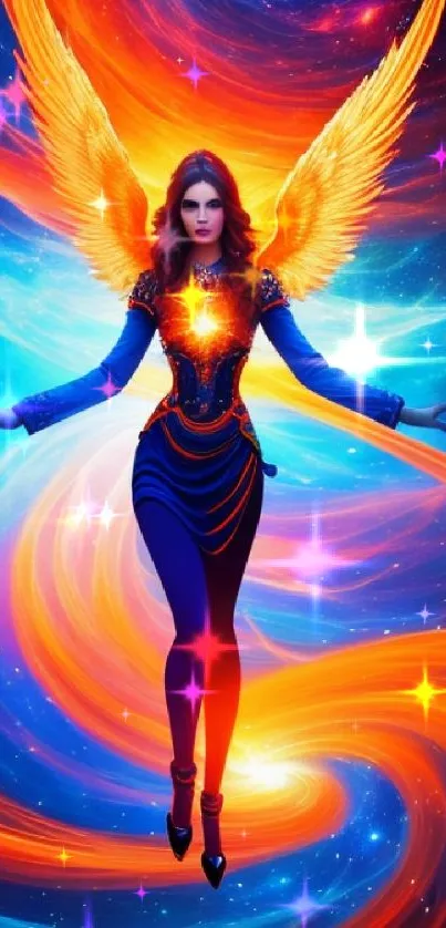 Celestial art with fiery angel and cosmic swirl in vibrant colors.