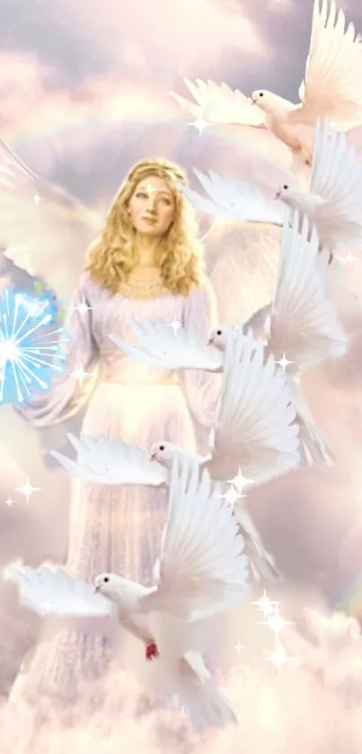 Ethereal angel and doves in dreamy clouds.